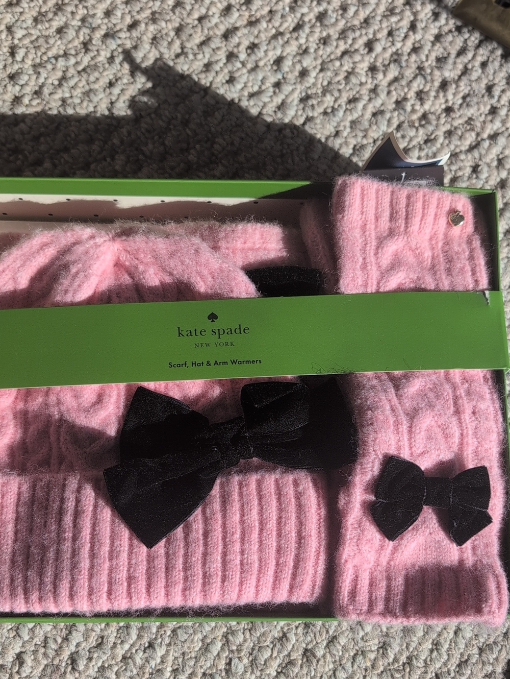 kate spade Pink Scarf, Hat & Arm Warmers Set with Black Bows